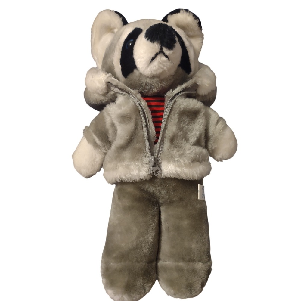 Vintage 1983 Interpur Raccoon Plush 13 Inch Stuffed Animal Grey Hooded Jacket